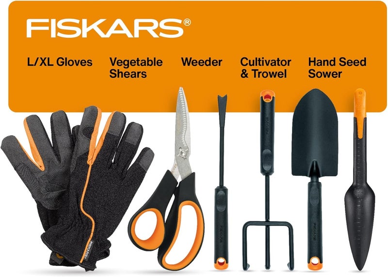 Fiskars مجموعة أدوات حديقة الخضروات مع مقصات الخضروات، موزع البذور، مجرفة، محراث، عازلة، وقفازات حديقة L/XL للزراعة الداخلية أو الخارجية (مجموعة 6 قطع) - Image 1